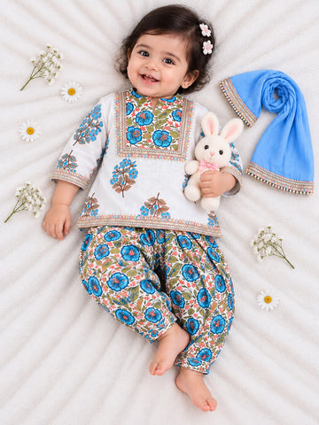 Kid One Infants Phool Bahar Pure Cotton Printed Kurti Salwar With Dupatta For Girls Blue