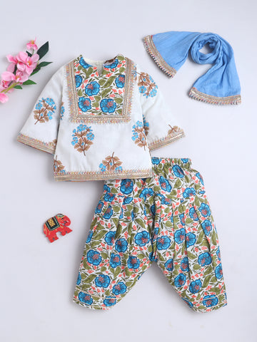 Kid One Infants Phool Bahar Pure Cotton Printed Kurti Salwar With Dupatta For Girls Blue
