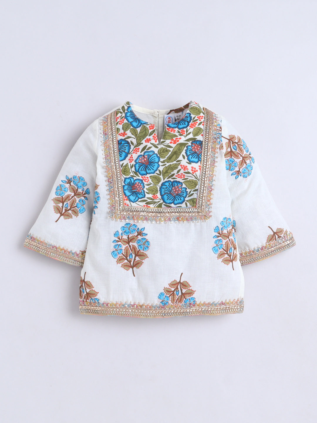 Kid One Infants Phool Bahar Pure Cotton Printed Kurti Salwar With Dupatta For Girls Blue