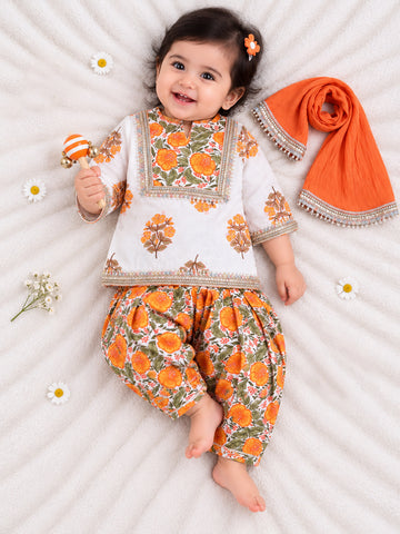 Kid One Infants Phool Bahar Pure Cotton Printed Kurti Salwar With Dupatta For Girls Orange