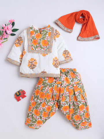 Kid One Infants Phool Bahar Pure Cotton Printed Kurti Salwar With Dupatta For Girls Orange