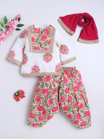 Kid One Infants Phool Bahar Pure Cotton Printed Kurti Salwar With Dupatta For Girls Pink