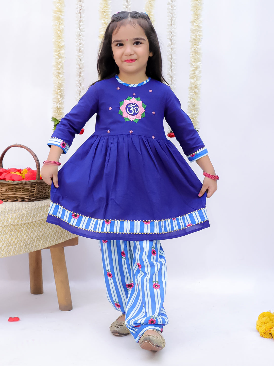 Kid One Om Embroidered Kurti With Salwar Set For Girls Blue