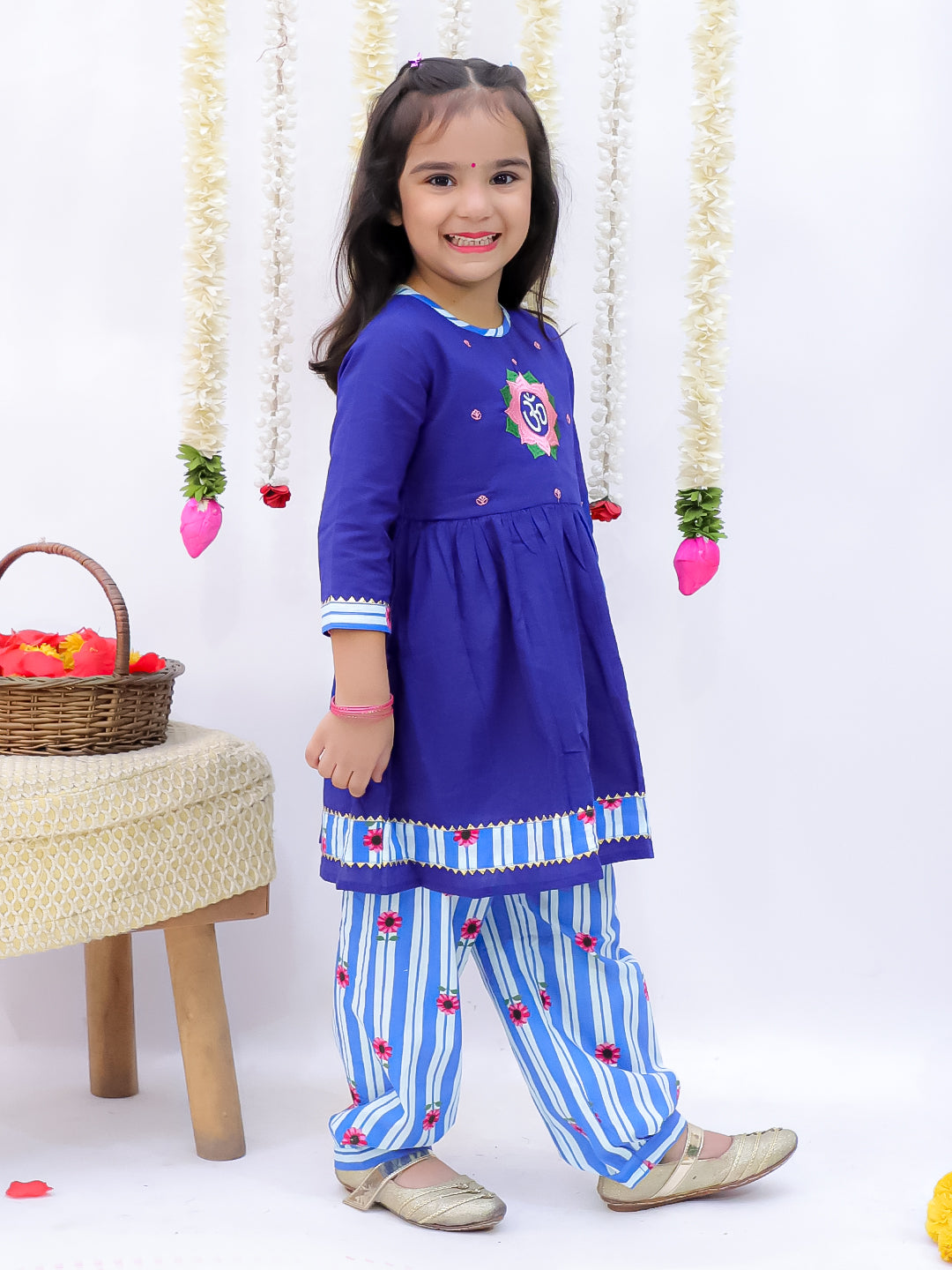 Kid One Om Embroidered Kurti With Salwar Set For Girls Blue