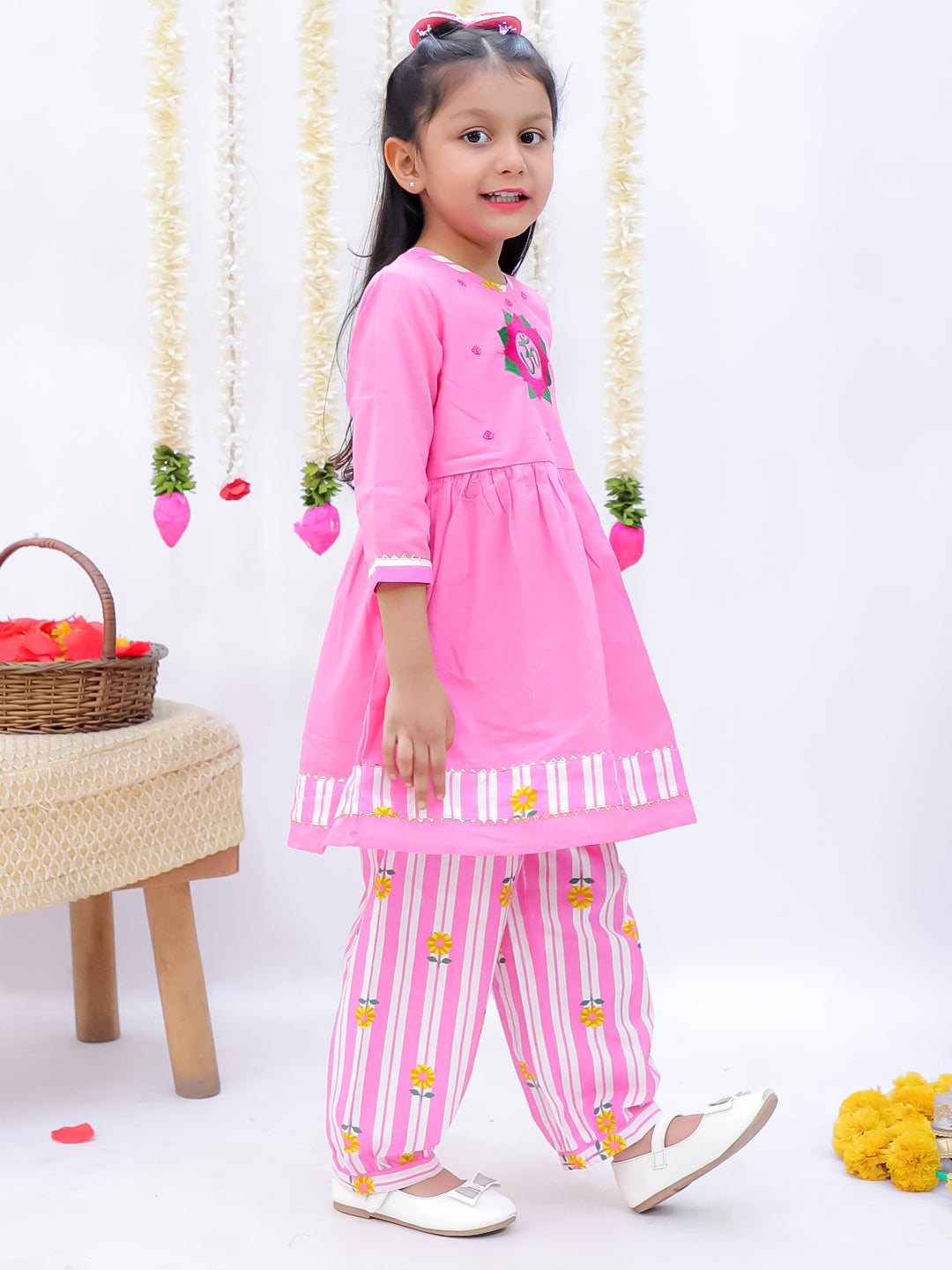 Kid One Om Embroidered Kurti With Salwar Set For Girls Pink