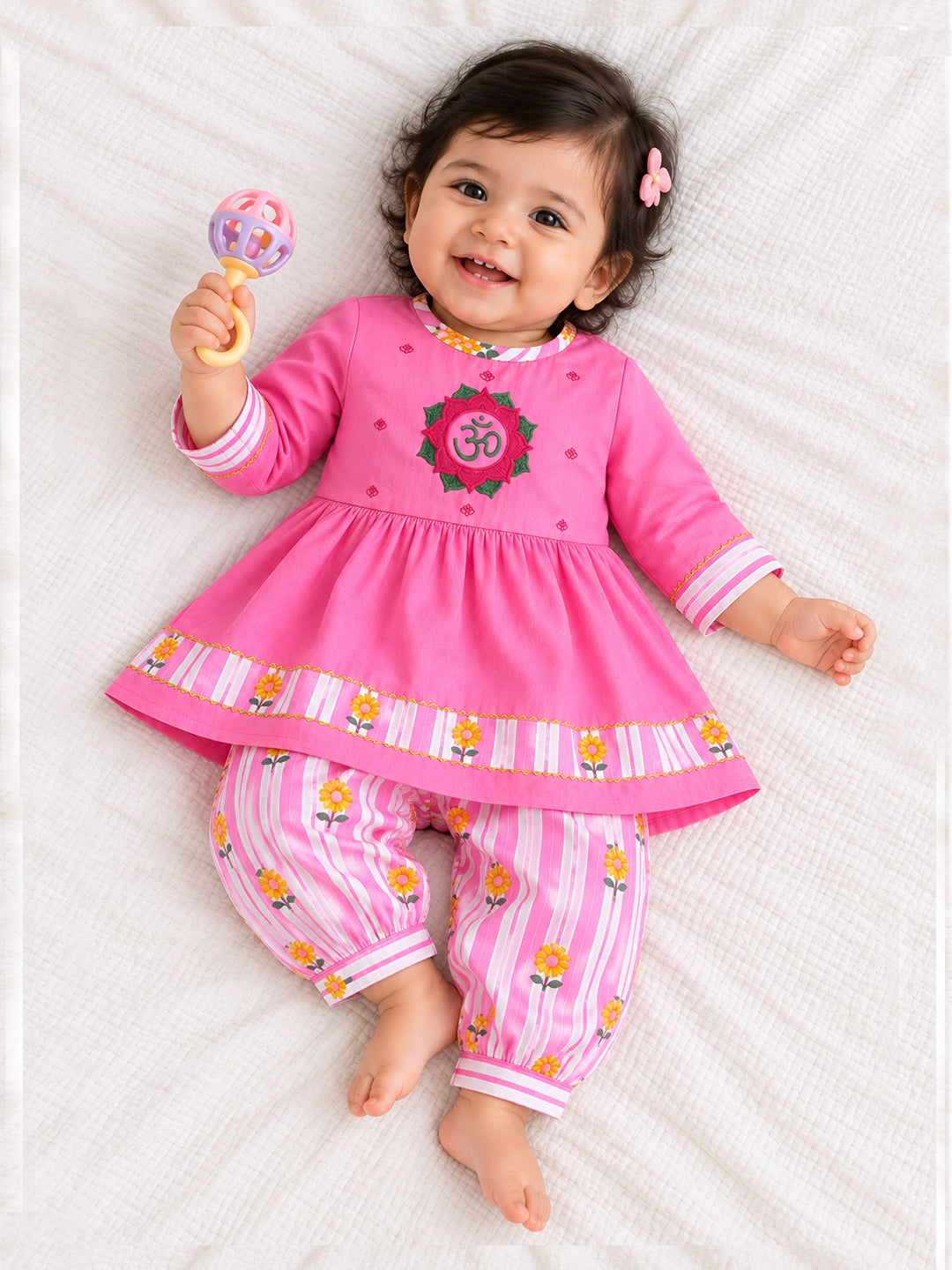 Kid One Infants Om Embroidered Kurti With Salwar Set For Girls Pink
