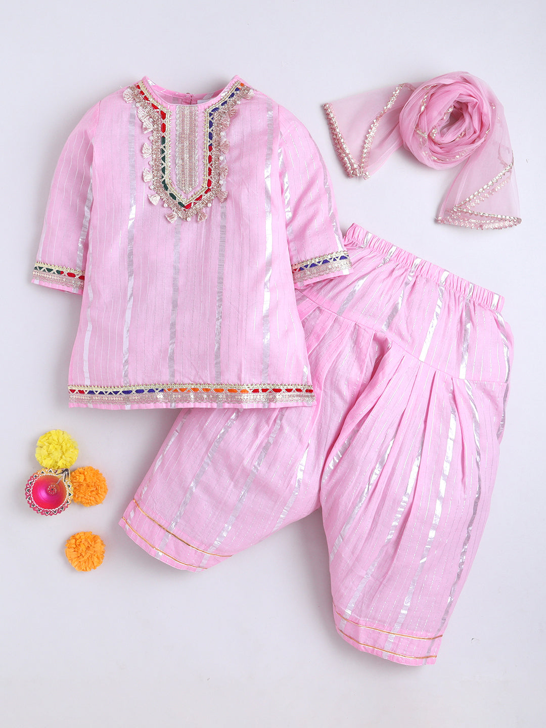 Kid One Stripes Full Sleeves Cotton Kurti Salwar With Dupatta Set For Girls Light Pink