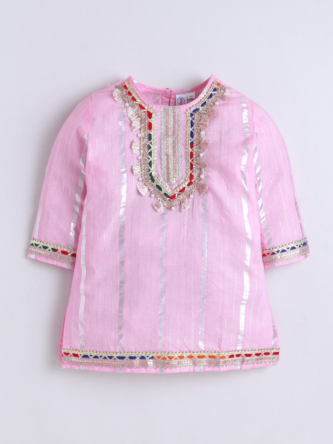Kid One Stripes Full Sleeves Cotton Kurti Salwar With Dupatta Set For Girls Light Pink