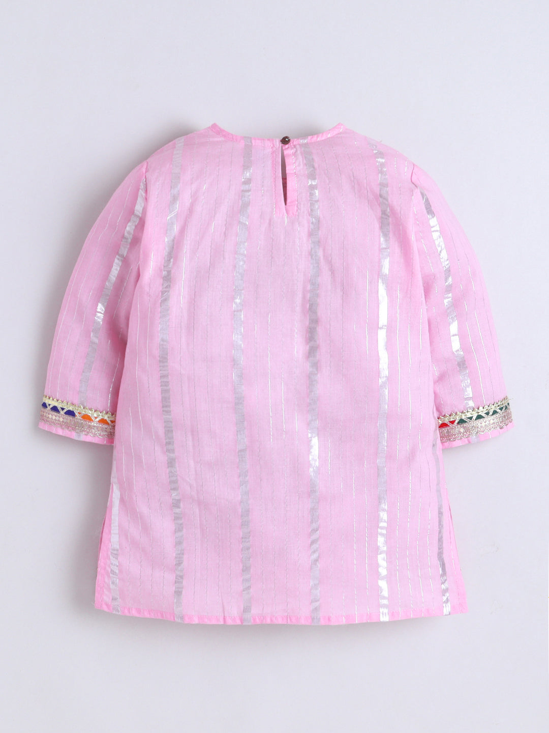 Kid One Stripes Full Sleeves Cotton Kurti Salwar With Dupatta Set For Girls Light Pink