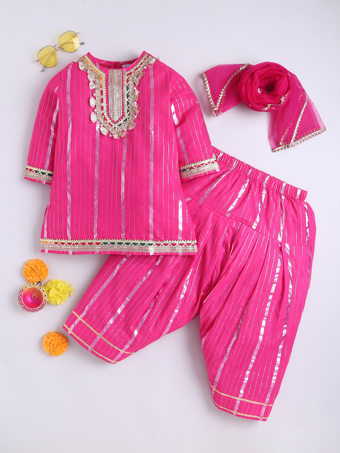Kid One Stripes Full Sleeves Cotton Kurti Salwar With Dupatta Set For Girls Pink