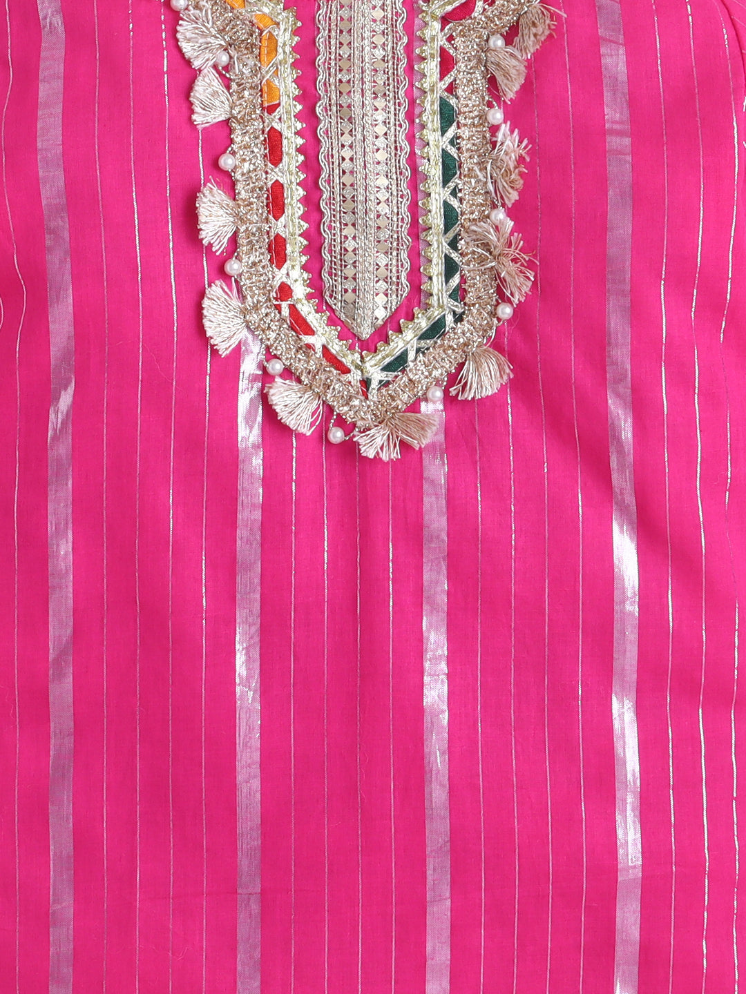 Kid One Stripes Full Sleeves Cotton Kurti Salwar With Dupatta Set For Girls Pink
