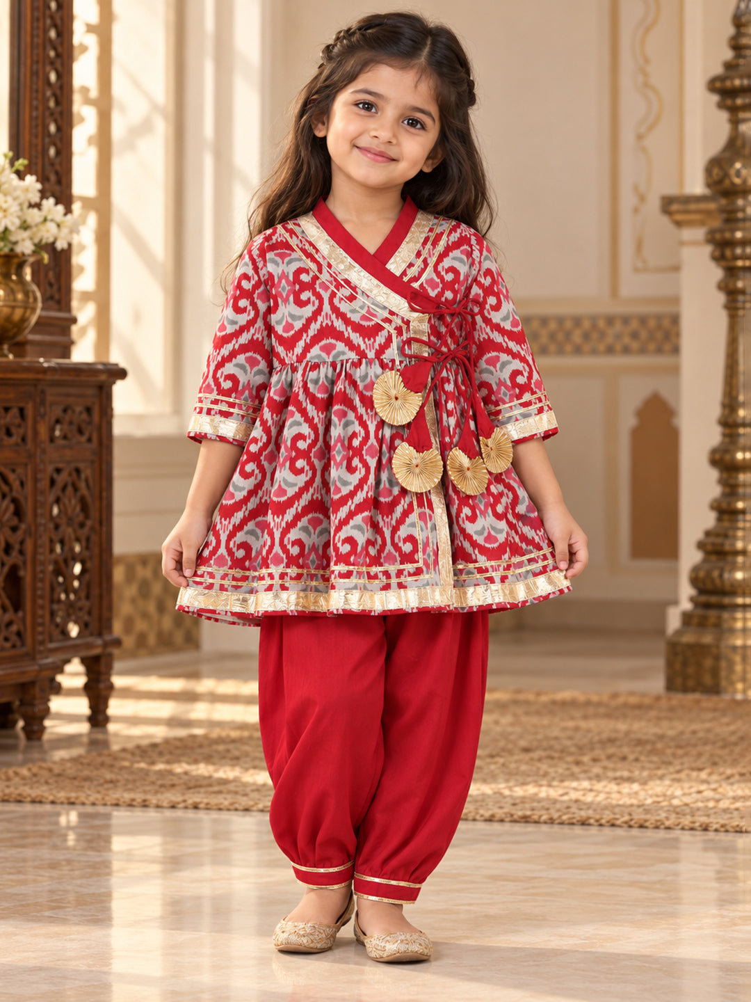 Kid One Ikkat Print Cotton Kurti With Salwar Set Red