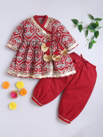 Kid One Ikkat Print Cotton Kurti With Salwar Set Red