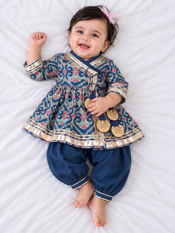 Kid One Infants Ikkat Print Cotton Kurti With Salwar Set Blue