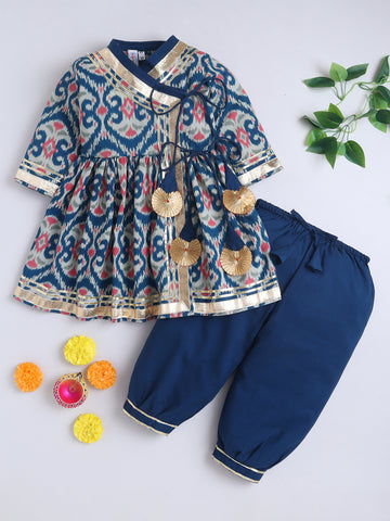 Kid One Infants Ikkat Print Cotton Kurti With Salwar Set Blue