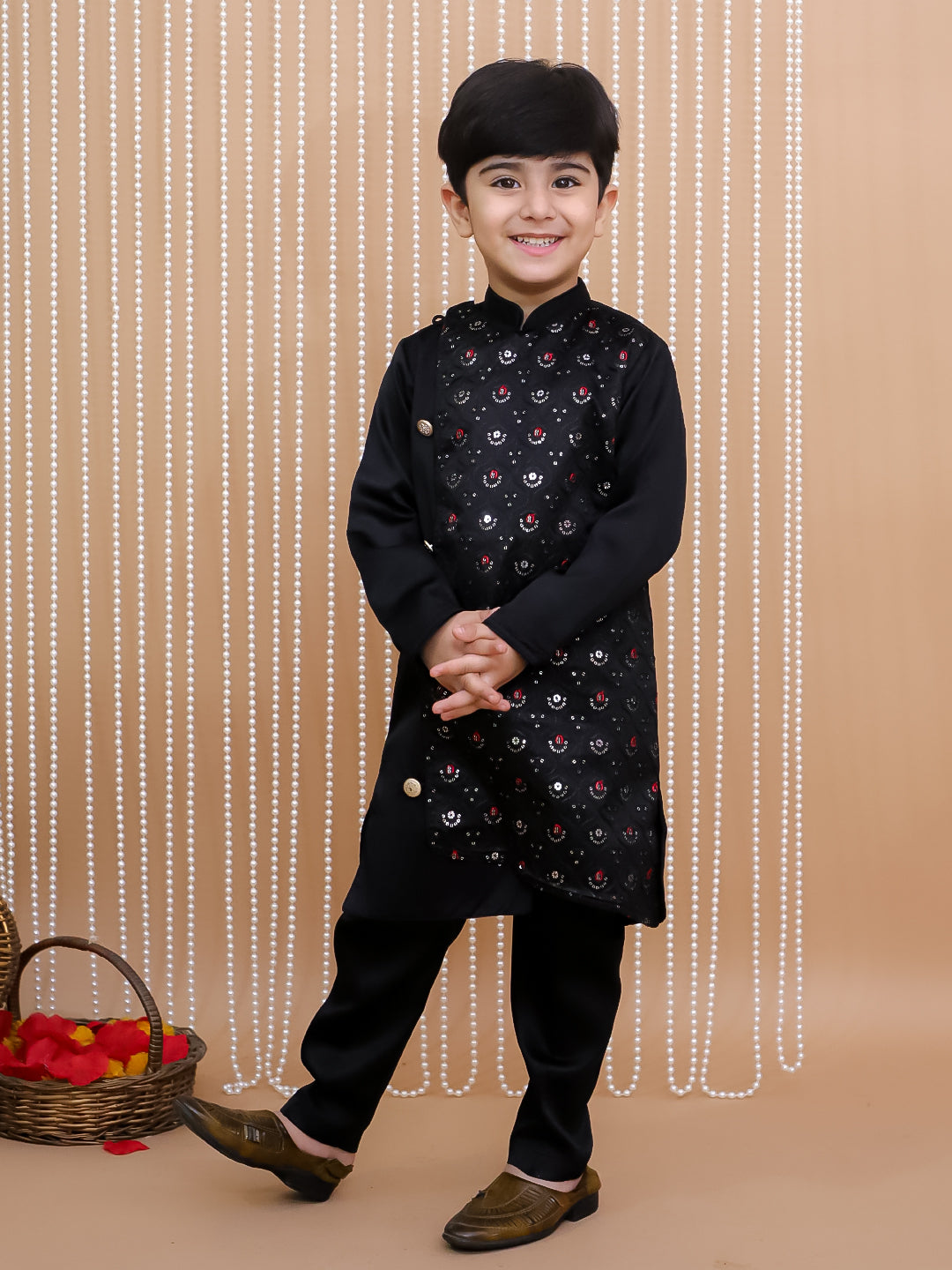 Kid One Embroidered Sherwani Kurta Pajama Set Black For Boys