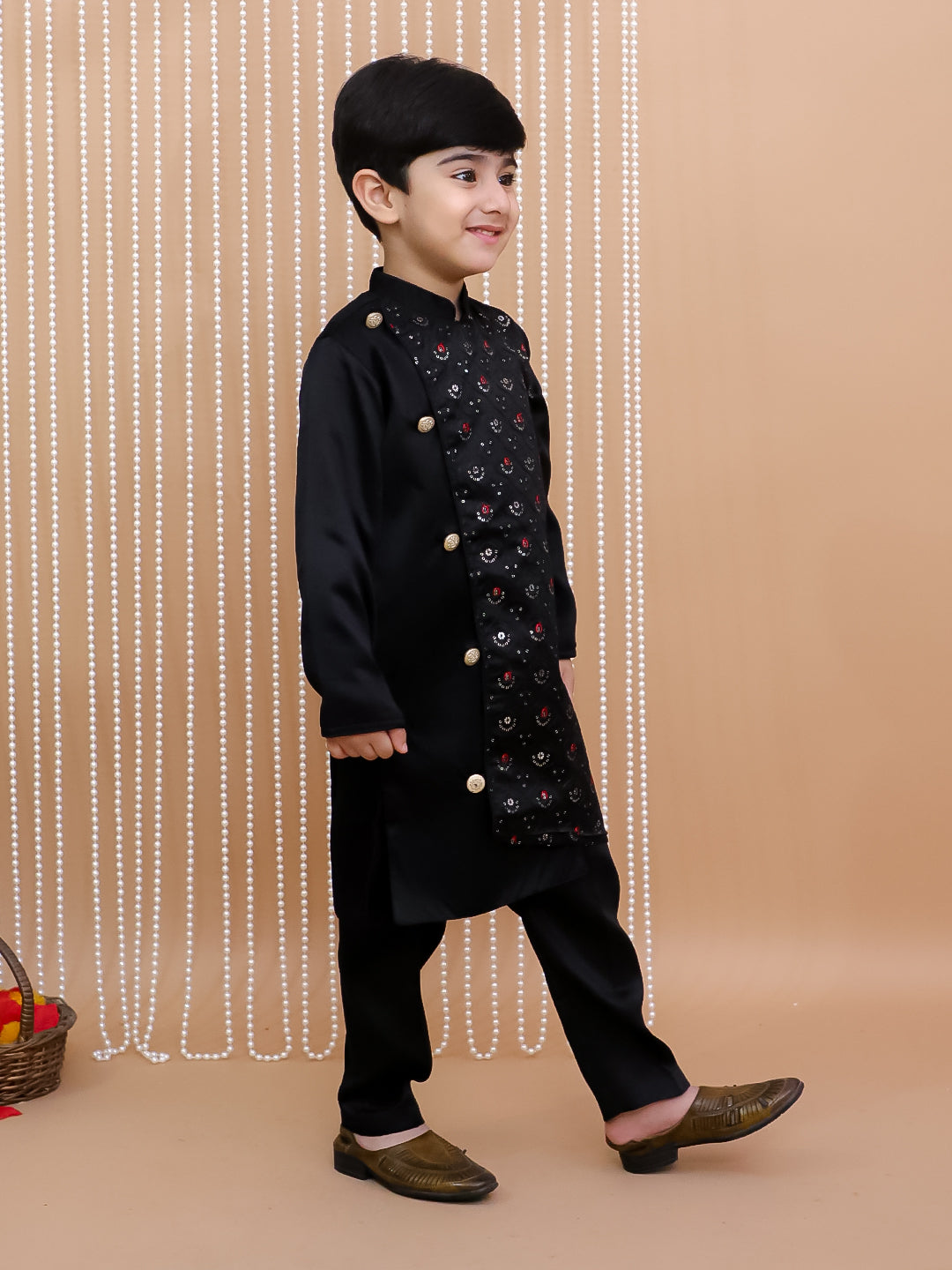 Kid One Embroidered Sherwani Kurta Pajama Set Black For Boys