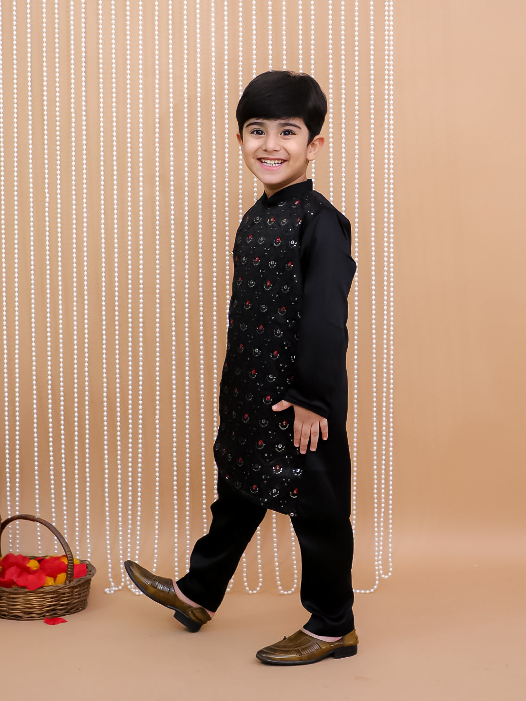 Kid One Embroidered Sherwani Kurta Pajama Set Black For Boys