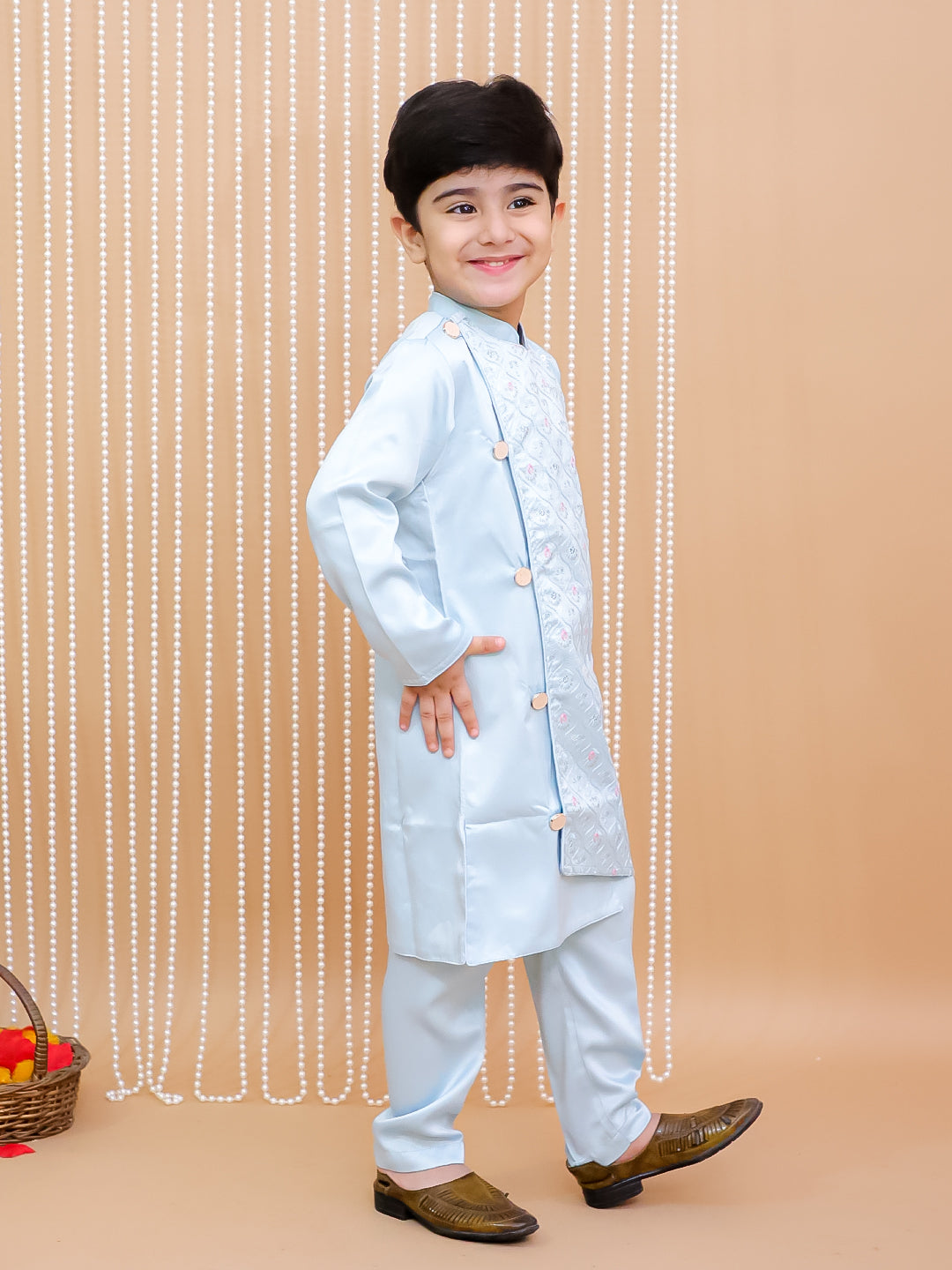 Kid One Embroidered Sherwani Kurta Pajama Set For Boys Blue