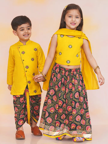 KID1 Leela Choli with Printed Lehenga & Crushed Dupatta For Girls With Morpankh Embroidered Dhoti Set For Boys - Yellow
