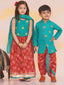 KID1 Leela Choli with Printed Lehenga & Crushed Dupatta For Girls With Morpankh Embroidered Dhoti Set For Boys - Green