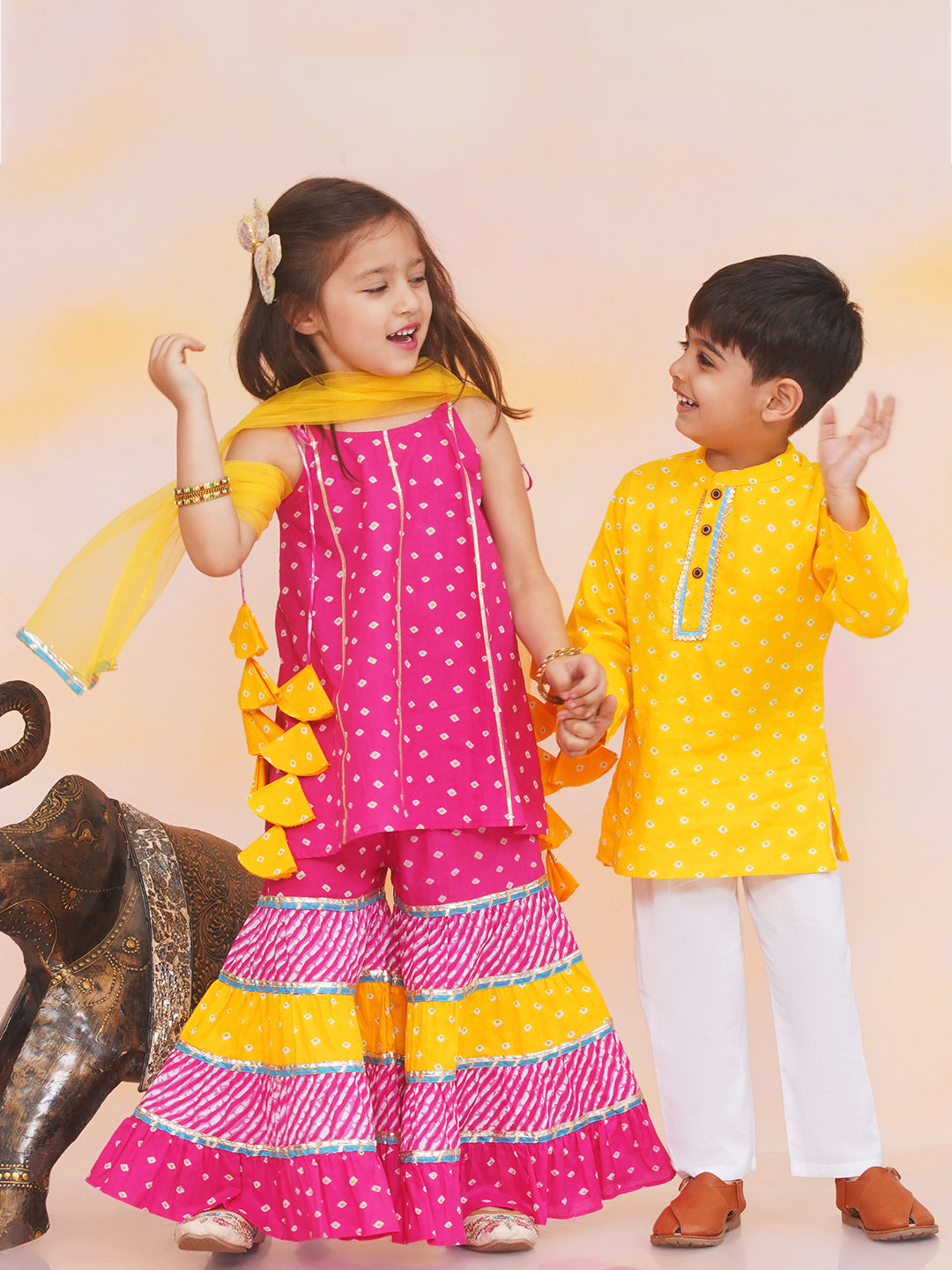 KID1 Aisha Bandhani Sharara Set For Girls With Chandaa Bandhani Kurta Pyjama For Boys - Pink & Yellow