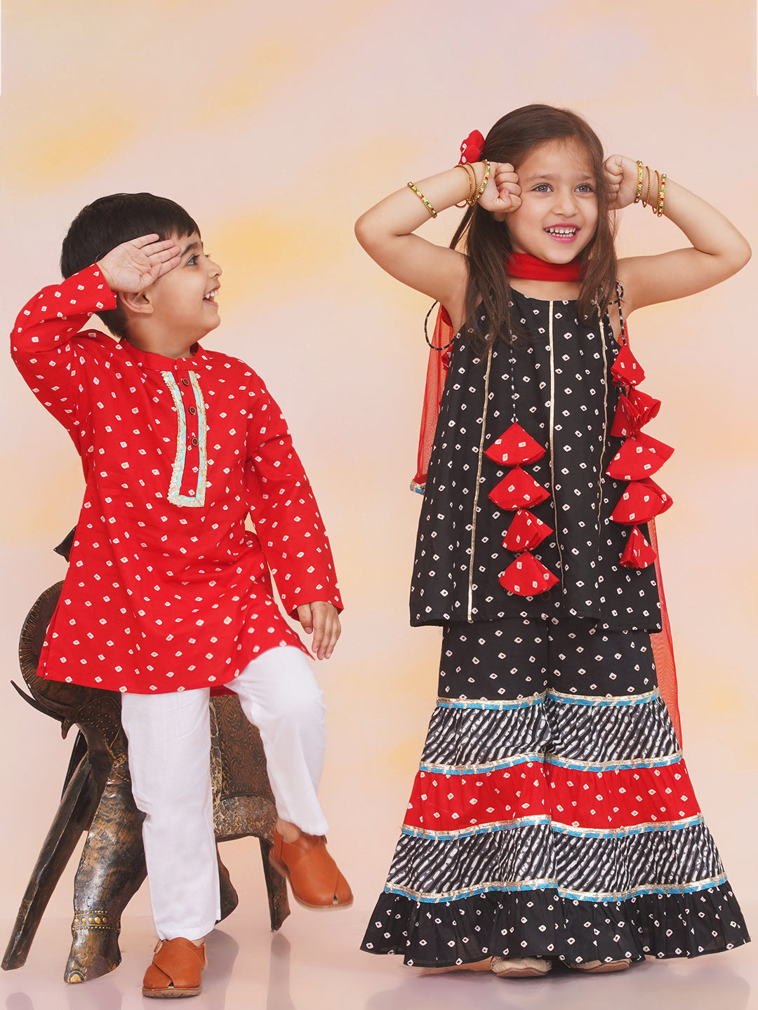 KID1 Aisha Bandhani Sharara Set For Girls With Chandaa Bandhani Kurta Pyjama For Boys - Black & Red