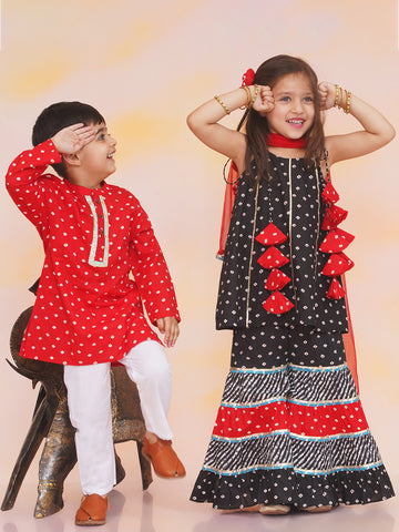 KID1 Aisha Bandhani Sharara Set For Girls With Chandaa Bandhani Kurta Pyjama For Boys - Black & Red