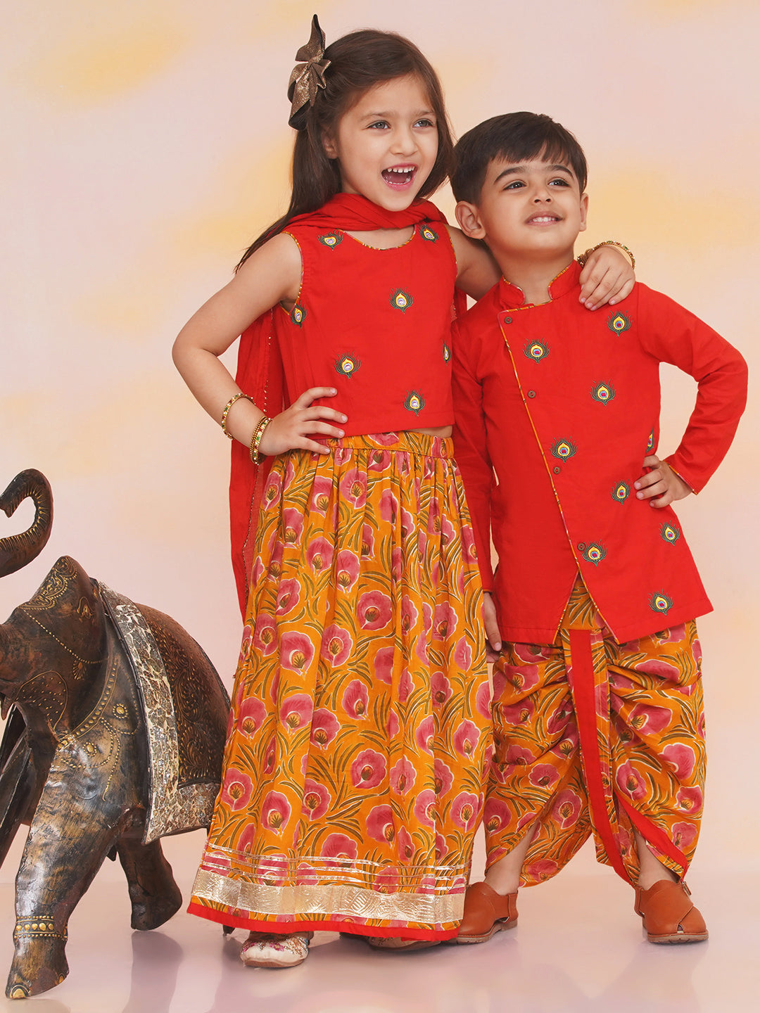 KID1 Leela Choli with Printed Lehenga & Crushed Dupatta For Girls With Morpankh Embroidered Dhoti Set For Boys - Red