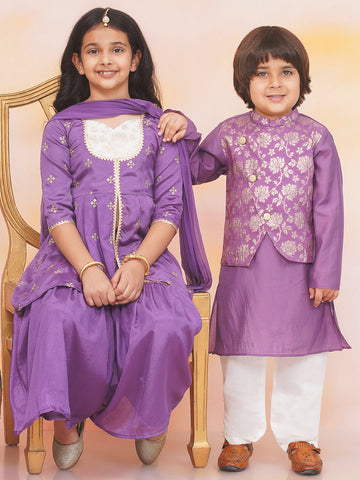 KID1 Chinon Embroidery Kurti With Sharara Set For Girls With Attached Jacket Silk Kurta Set For Boys - Purple