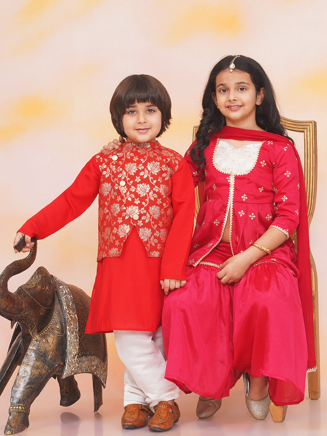 KID1 Chinon Embroidery Kurti With Sharara Set For Girls With Attached Jacket Silk Kurta Set For Boys - Red