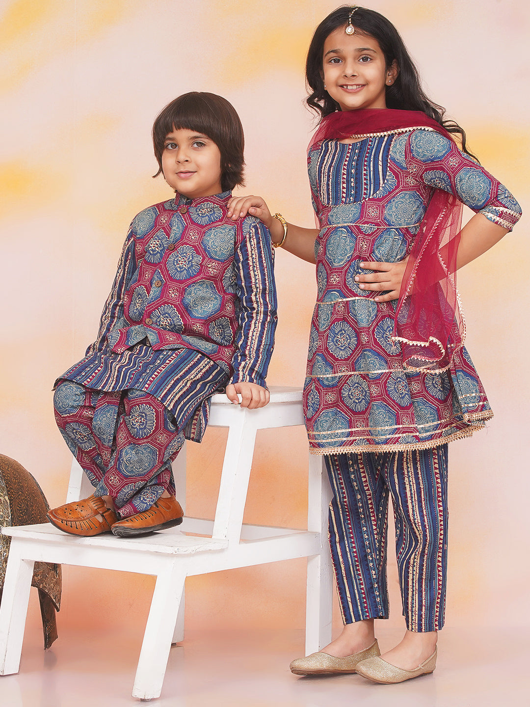 KID1 3 Tier Kurti With Pants And Dupatta For Girls With Floral Jacket With Motiff Printed Kurta And Dhoti Set For Boys - Blue