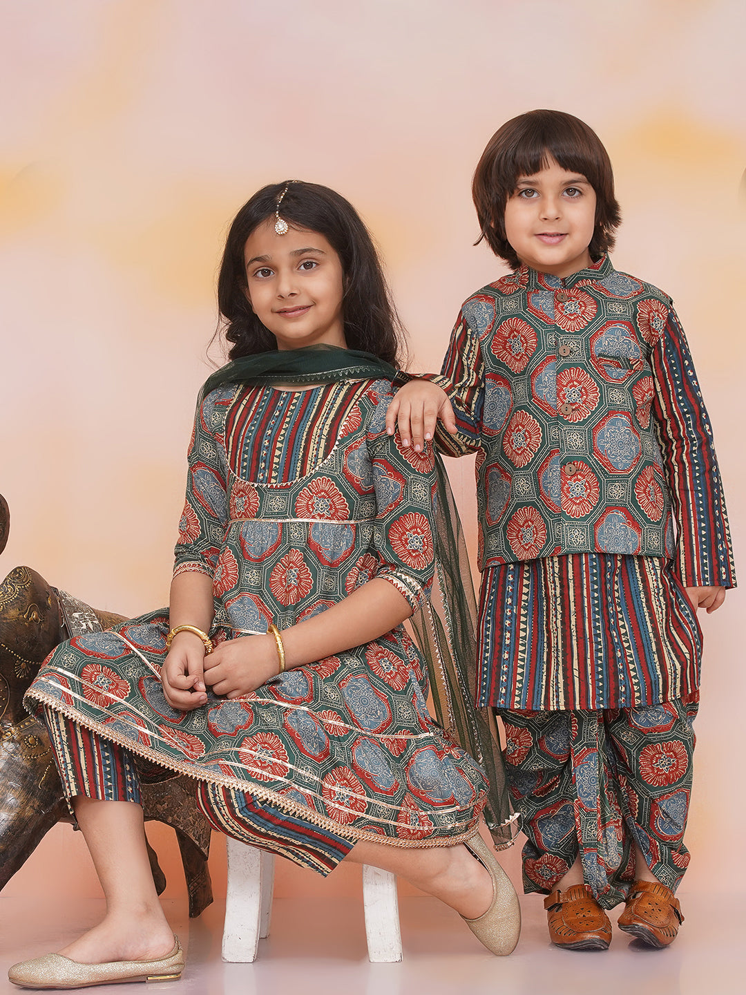 KID1 3 Tier Kurti With Pants And Dupatta For Girls With Floral Jacket With Motiff Printed Kurta And Dhoti Set For Boys - Green