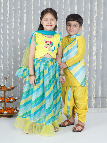 KID1 Unicorn Lehenga Choli And Dupatta For Girls With Attached Jacket Kurta Dhoti For Boys - Yellow