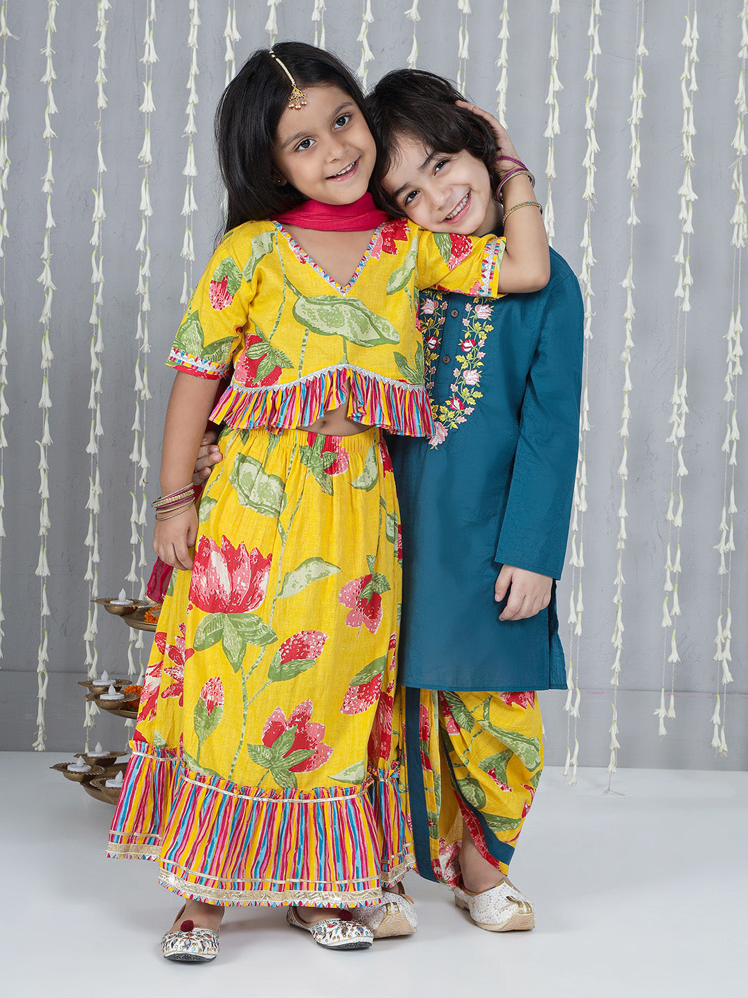 KID1 Floral Top With Lehenga Dupatta Set For Girls and Flower Embroidered Kurta With Dhoti Set For Boys - Yellow & Blue