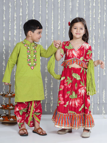 KID1 Floral Top With Lehenga Dupatta Set For Girls and Flower Embroidered Kurta With Dhoti Set For Boys - Pink & Green