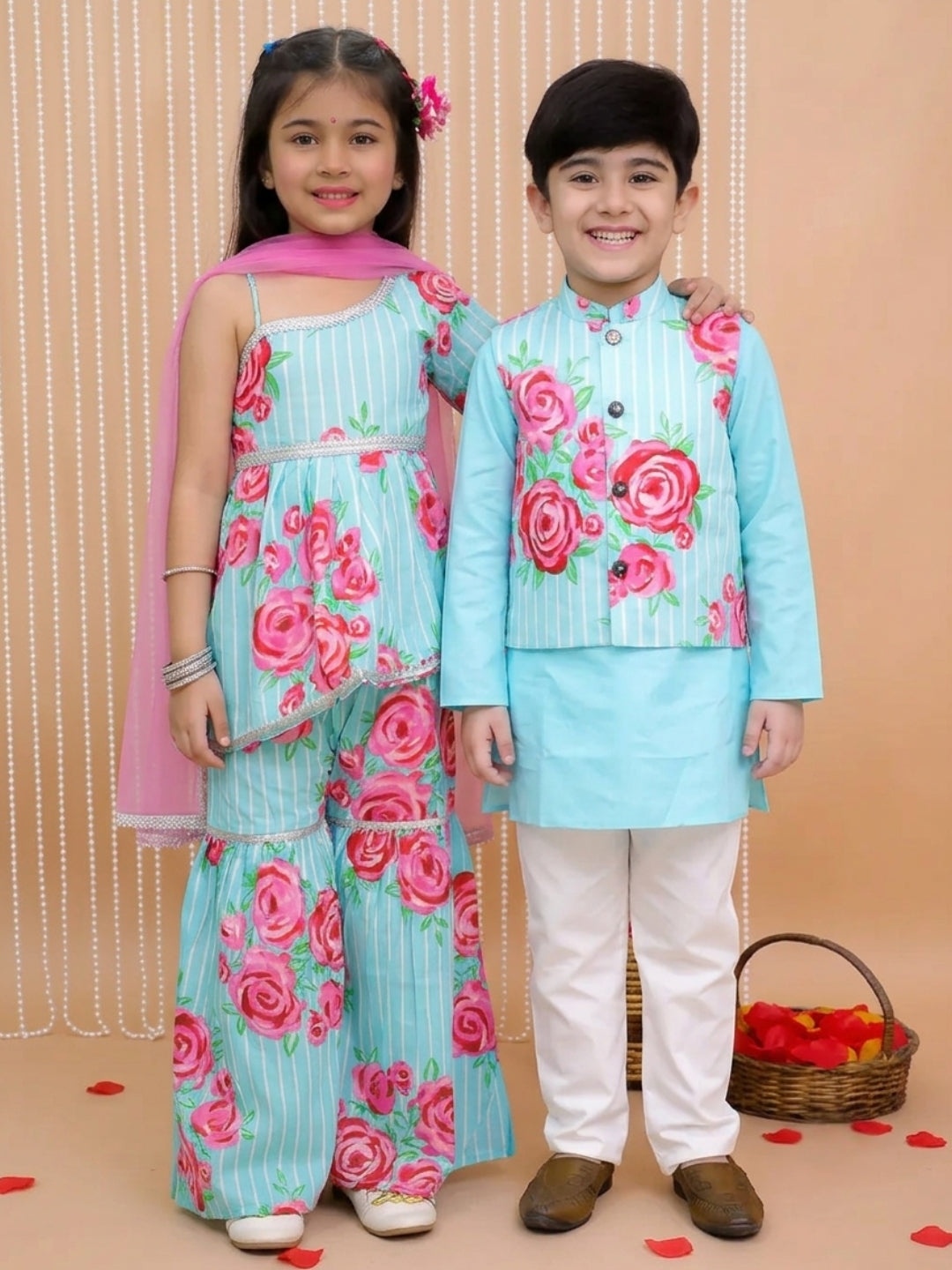 Kid One Floral Print Cotton Kurti Sharara With Dupatta Set With Floral Cotton Kurta And Pajama With Jacket Set Turquoise
