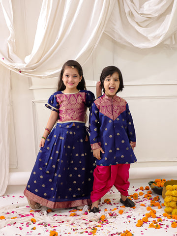 KID1 Twinkle Pattu Lehenga Choli Set For Girls With KID1 Royal Sherwani Dhoti Set For Boys - Blue