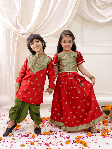 KID1 Twinkle Pattu Lehenga Choli Set For Girls With KID1 Royal Sherwani Dhoti Set For Boys - Red