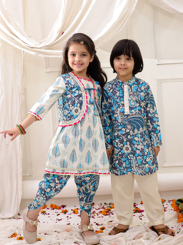 KID1 Madhubani Print Kurti Dhoti With Jacket For Girls With Madhubani Print Kurta Pajama With Boys - Blue