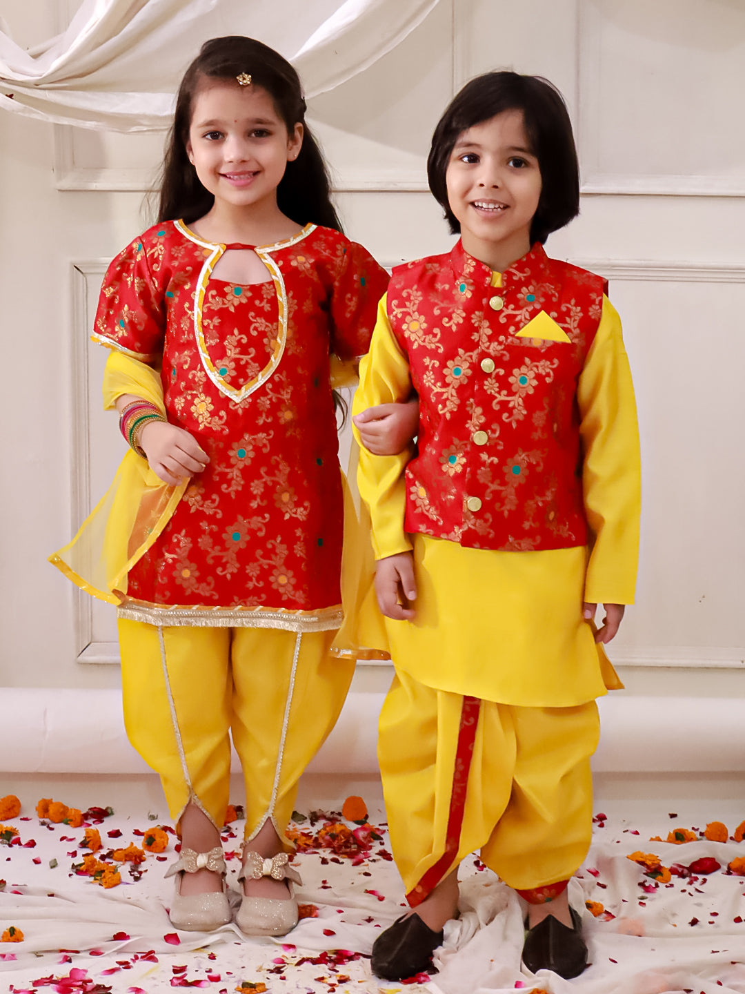 KID1 Jacquard Kurti Dhoti With Dupatta For Girls With Royal Kurta Dhoti With Jacket For Boys - Yellow
