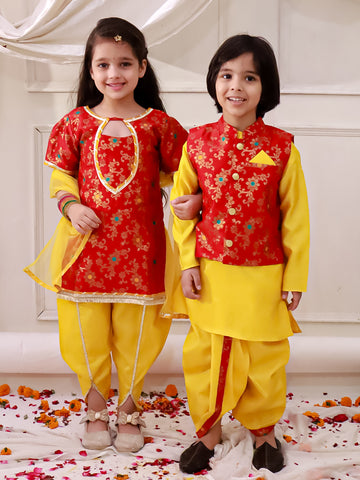 KID1 Jacquard Kurti Dhoti With Dupatta For Girls With Royal Kurta Dhoti With Jacket For Boys - Yellow