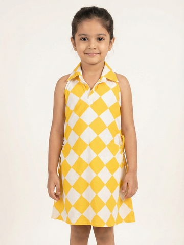 Diamond Check Premium Collared Cotton Dress Yellow