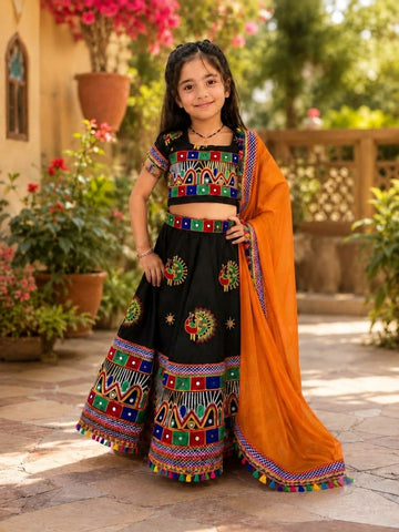 Kid One Garba Mirror Work Embroidered Cotton Lehenga Choli With Dupatta Set For Girls Black