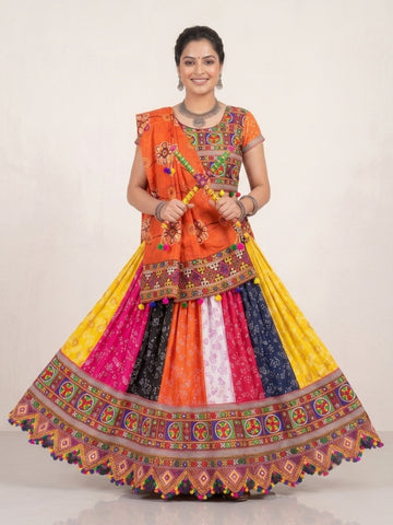 Kid One Garba Mirror Work Embroidered Cotton Lehenga Choli With Dupatta Set For Mom Multi