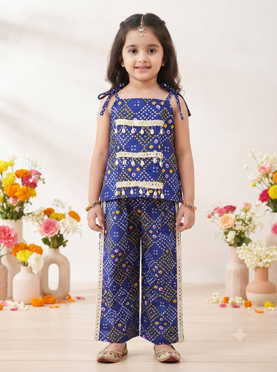Kid One Navratri Bandhani Print Cotton Co-ord Set For Girls Blue