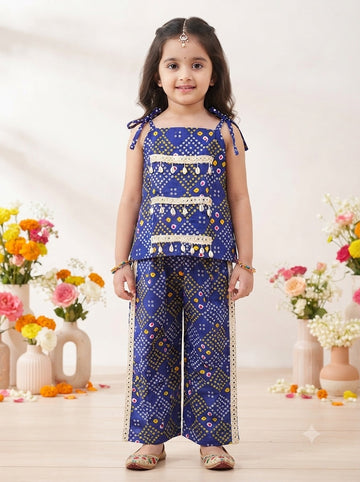 Kid One Navratri Bandhani Print Cotton Co-ord Set For Girls Blue