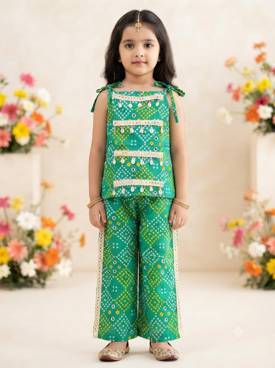 Kid One Navratri Bandhani Print Cotton Co-ord Set For Girls Green