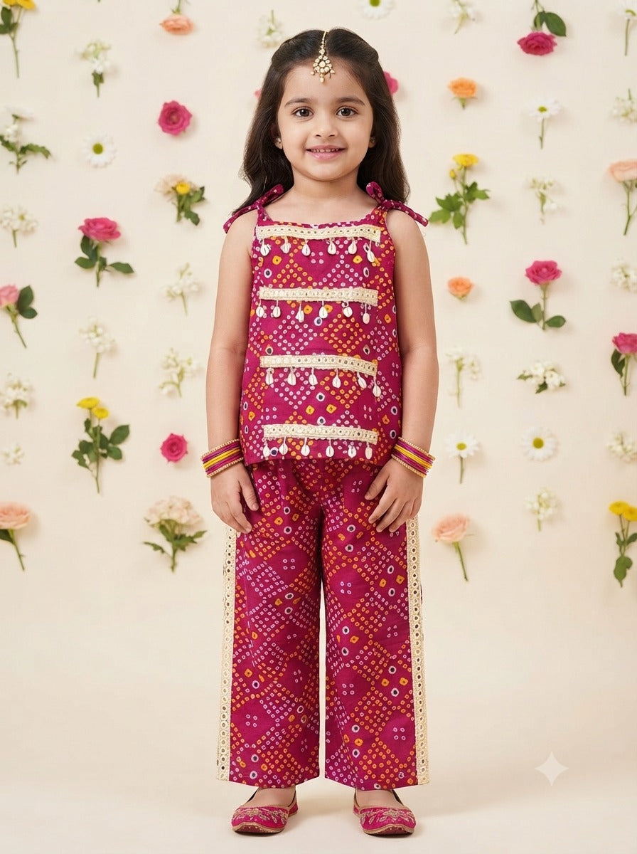 Kid One Navratri Bandhani Print Cotton Co-ord Set For Girls Pink