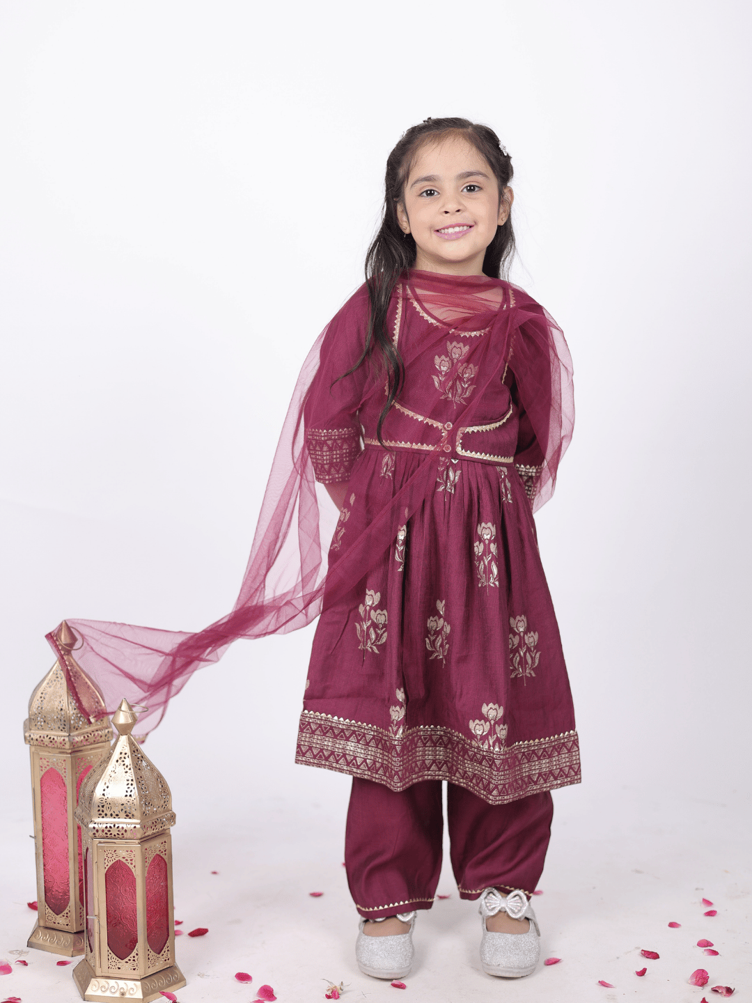 Kid One Block Print Anarkali Pant With Dupatta For Girls Wine